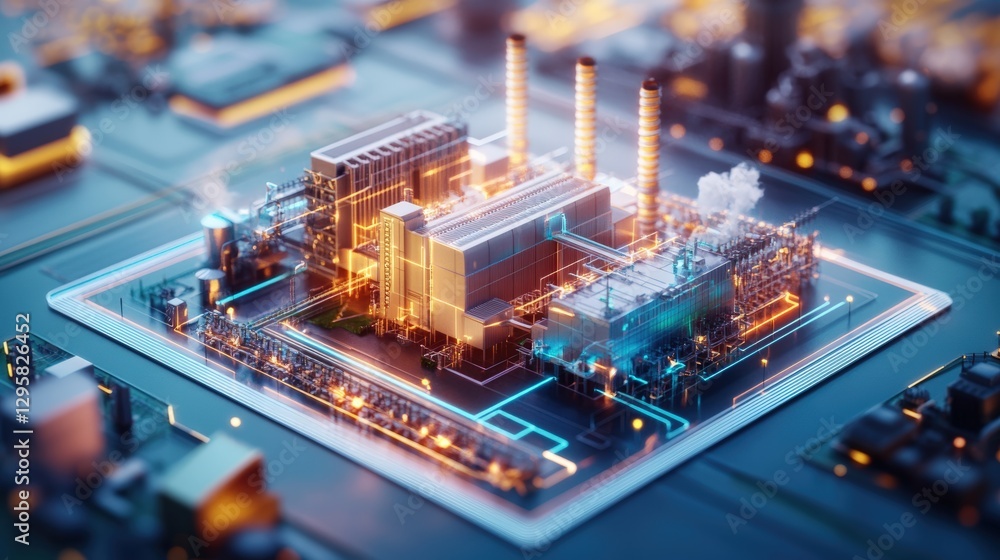 Poster industrial factory with large building in the background and machinery in foreground during daytime