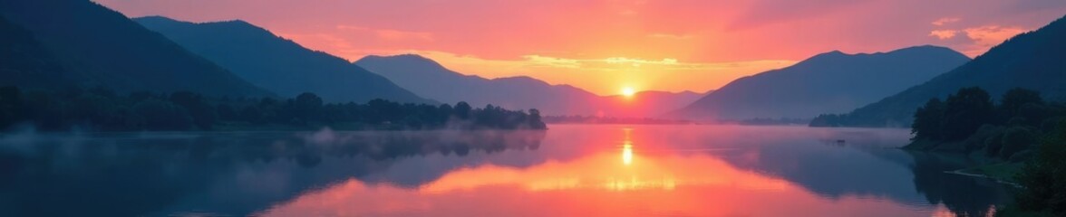 Obraz premium Sunset reflection on Rhine river bank with misty mountains, landscape, rhine, mist