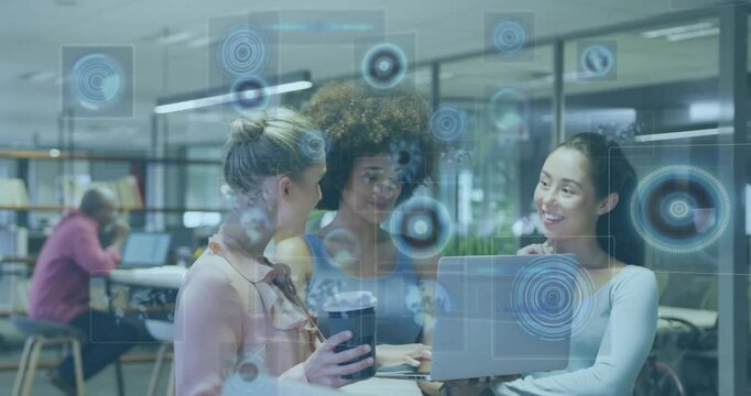 Three women collaborating at office with digital data processing animation overlay