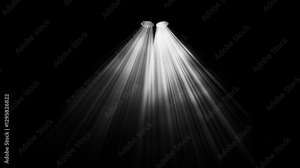 Poster Two powerful lights cast striking beams of white illumination, creating an atmospheric effect on a dark stage. The focused rays enhance the ambiance for a captivating show
