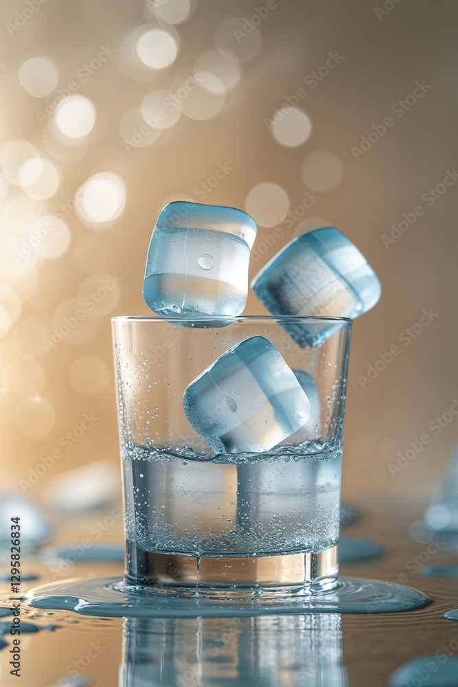 Poster refreshing glass of soda with ice cubes splashing in a sparkling background during a warm summer eve