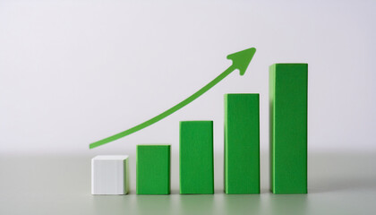 Green white bar chart with upward arrow. Growth or progress. Business, finance and success concept