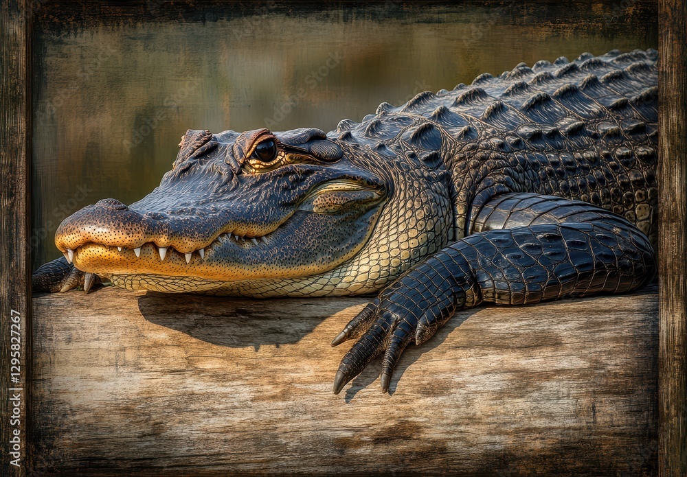 Poster captivating close-up of alligator relaxing on a log in natural habitat with detailed textures and co