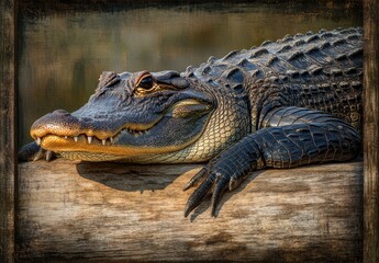 Obraz premium Captivating Close-Up of Alligator Relaxing on a Log in Natural Habitat with Detailed Textures and Colors Enhancing the Beauty of Wildlife Photography