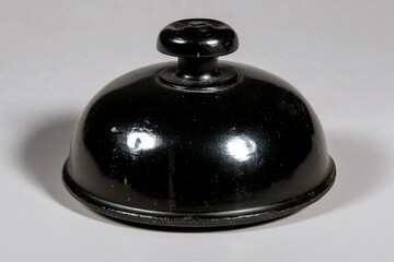 Shiny black dome lid with knob on plain background.