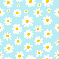 Vector illustration of a seamless pattern with chamomile flowers on a solid blue background. Perfect for textiles, wallpapers, wrapping paper, and floral-themed designs.