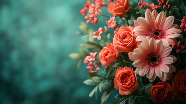 Bouquet of pink gerbera and orange roses blooming on green background - Powered by Adobe