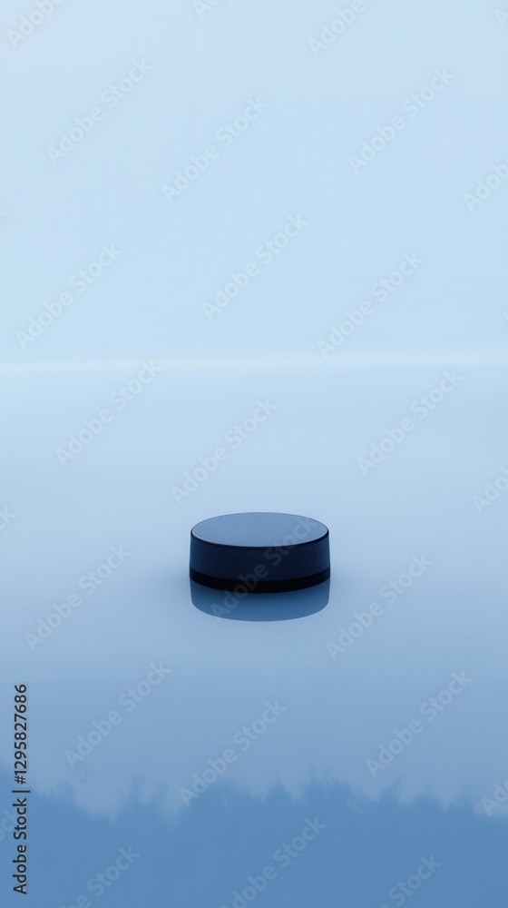 Poster minimalistic black circular object on smooth surface with soft blue background and reflection highli