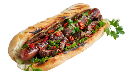 Delicious hot dog with grilled beef, vegetables and chili pepper on transparent background