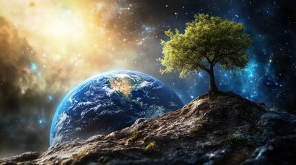 Majestic Tree on Rocky Ground Surrounded by Cosmic Universe and Planet Earth in Space Illustration