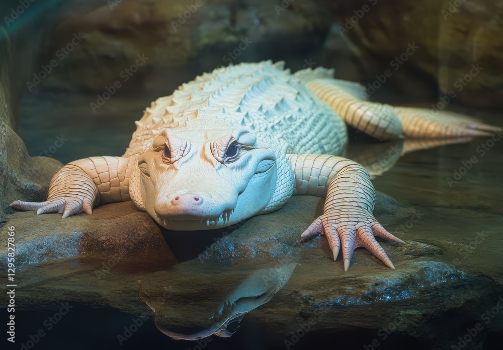 Poster captivating close-up of an albino alligator resting on a rock with a reflection in a calm water envi