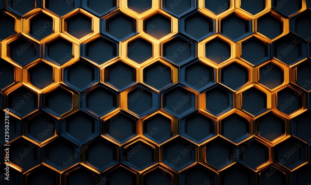 Poster dark metallic honeycomb pattern with gold edges, abstract background for design