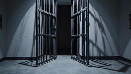 The corridor reveals abandoned prison cells with heavy metal doors ajar. Shadows stretch across the cold concrete floor, creating an unsettling atmosphere in the dimly lit space. - Powered by Adobe