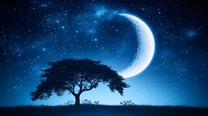 Serene Night Sky with Crescent Moon and Silhouetted Tree Under Starry Background