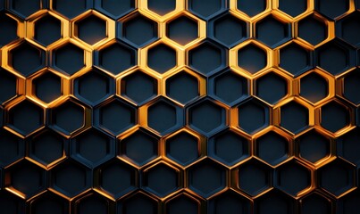 Dark metallic honeycomb pattern with gold edges, abstract background for design