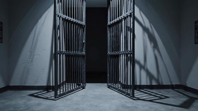 The corridor reveals abandoned prison cells with heavy metal doors ajar. Shadows stretch across the cold concrete floor, creating an unsettling atmosphere in the dimly lit space.
