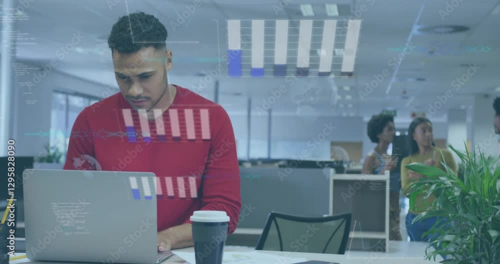 Poster man working on laptop with data processing animation over office environment
