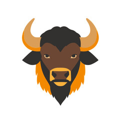 A Simple flat 2D illustration of a brown buffalo head  isolated on a white background, animal icon, vector animals set	