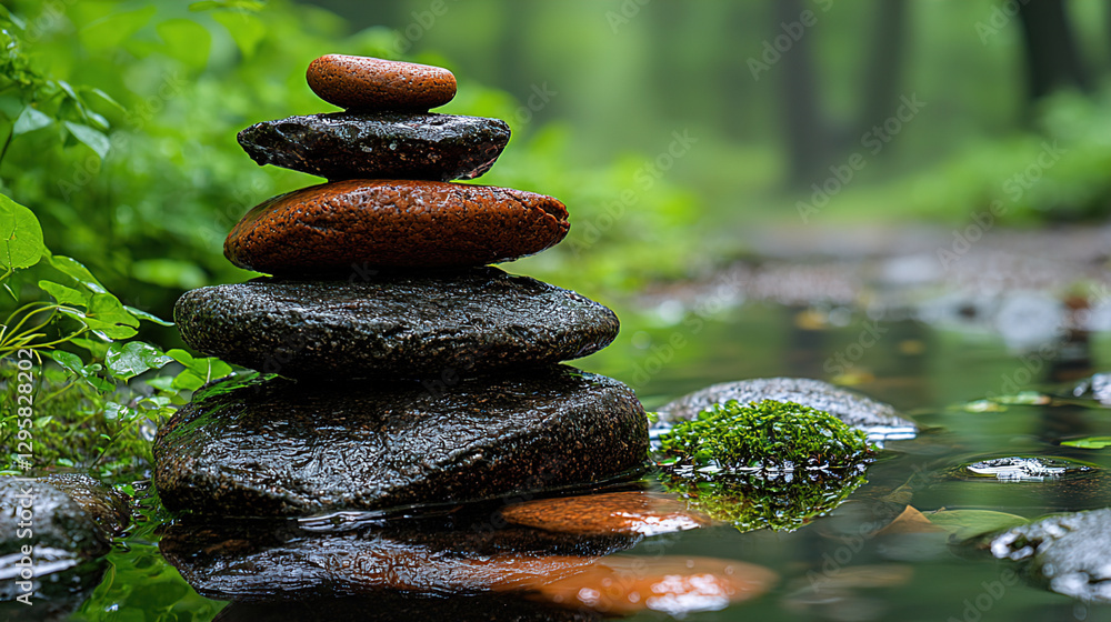 Poster tranquil stone tower balanced above a calm stream in a lush forest setting during early morning ligh