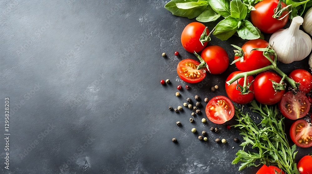 Poster fresh ripe tomatoes and basil leaves with garlic on a dark background : generative ai