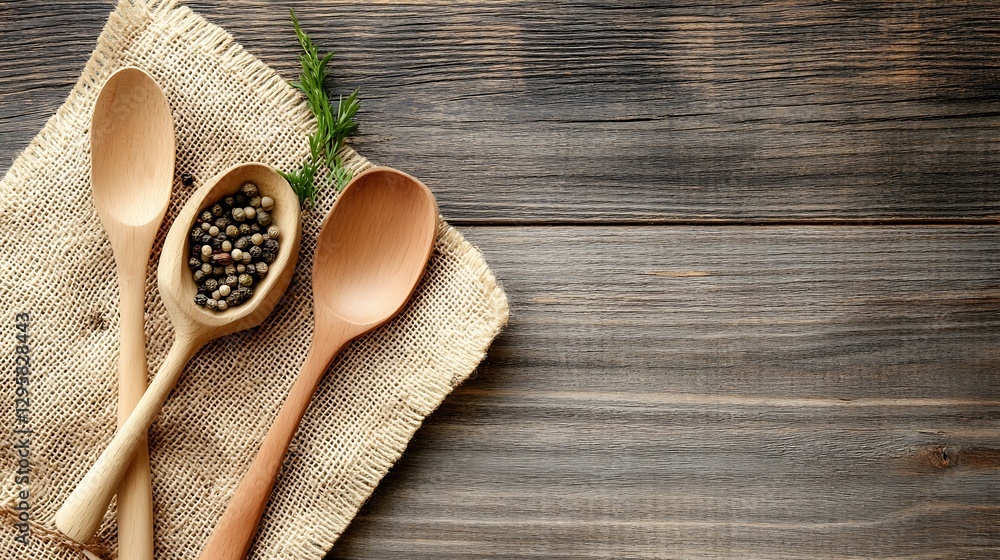 Poster natural wooden spoons and spices on rustic table for culinary preparation : generative ai
