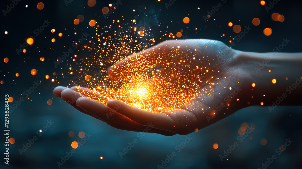 Aufkleber sparkling light dances above an open hand, creating a magical and enchanting atmosphere at dusk. gen