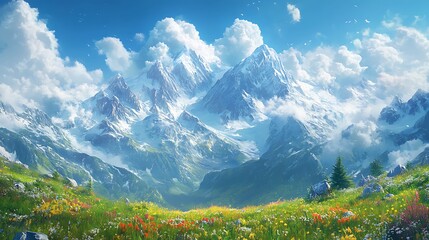 Obraz premium A hyper-realistic depiction of the Alps near Chamonix, with towering dramatic peaks covered in snow, set against a vibrant blue sky and soft wisps of clouds, a serene alpine meadow in the foreground.