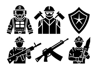 Military Soldier Icon Set with Weapons and Tactical Gear – Black and White Vector Illustration