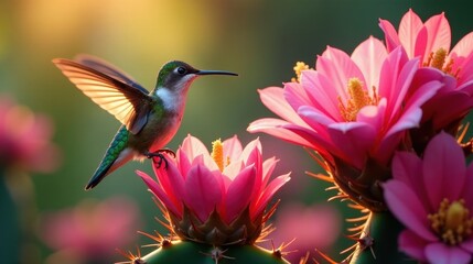 Fototapeta premium A Vibrant Hummingbird Hovering Near Delicate Pink Blossoms on a Spiny Cactus Plant in Warm Golden Sunlight