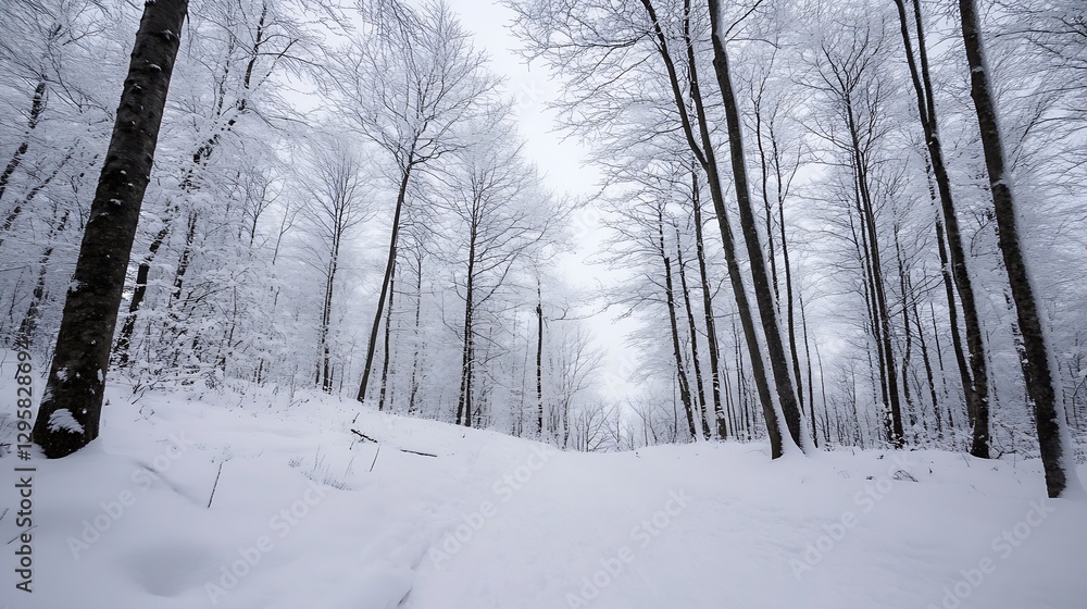 Poster Snowy Pathway Through Dense Forest Surrounded by White Trees : Generative AI