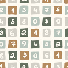 Seamless colorful numbers pattern. Abstract background with hand drawn doodle shapes.