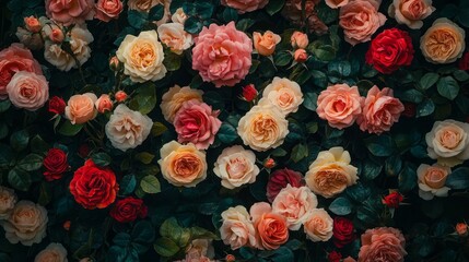 Fototapeta premium A stunning display of a rose garden reveals an array of roses in full bloom. Each flower features vibrant colors and unique textures, creating a beautiful natural pattern