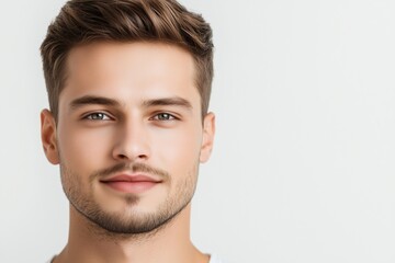 Obraz premium Portrait of handsome young man with green eyes and short brown hair smiling slightly on white background. Beauty and confidence