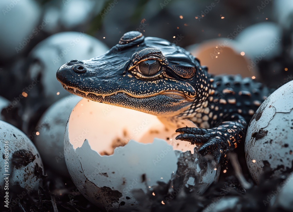 Poster captivating close-up of hatchling reptile emerging from egg shell in nature's environment, symbolizi