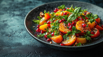 Colorful fruit salad with herbs and nuts served in a dark bowl against a textured background. Generative AI