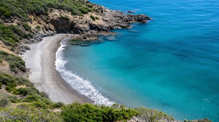 Fototapeta premium Breathtaking Aerial View of Crystal Clear Bay and Rocky Coastline with Turquoise Waters and Waves : Generative AI