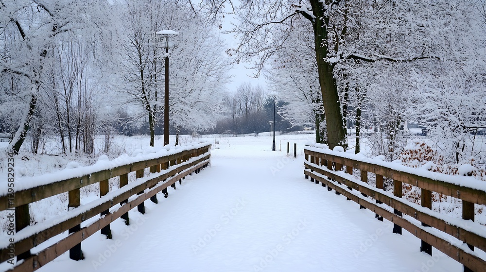 Poster winter wonderland pathway covered in fresh snow and sparkling trees : generative ai