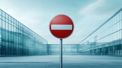 No entry sign in front of modern glass buildings under cloudy sky. Security and restriction concept