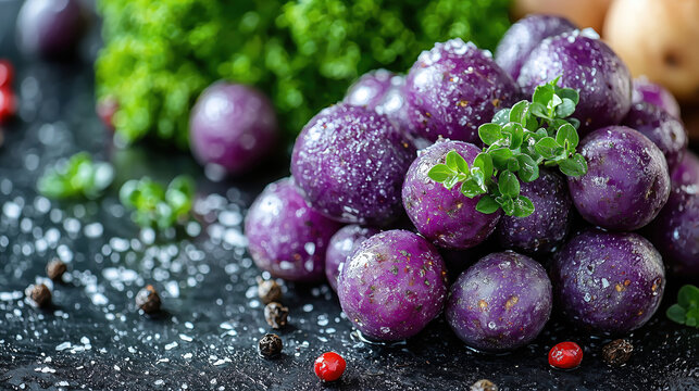Fresh purple potatoes with herbs and spices on dark surface ready for cooking or gourmet dish preparation. Generative AI