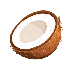 A flat 2D vector illustration of a sliced coconut with leaves, designed as an icon and isolated on a white background. Flat clipart illustration tropical fruit set