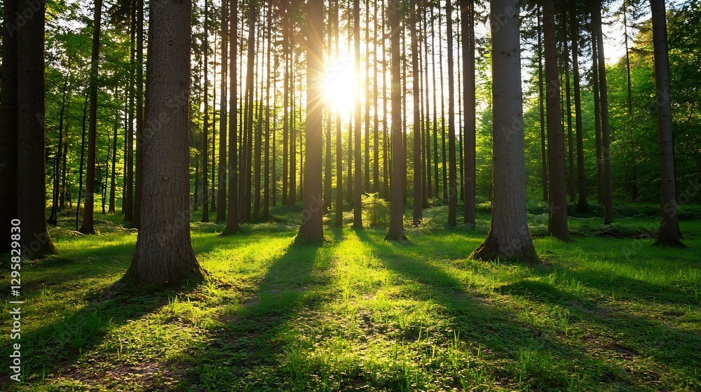 Poster sunlight breaking through tall trees in lush green forest : generative ai