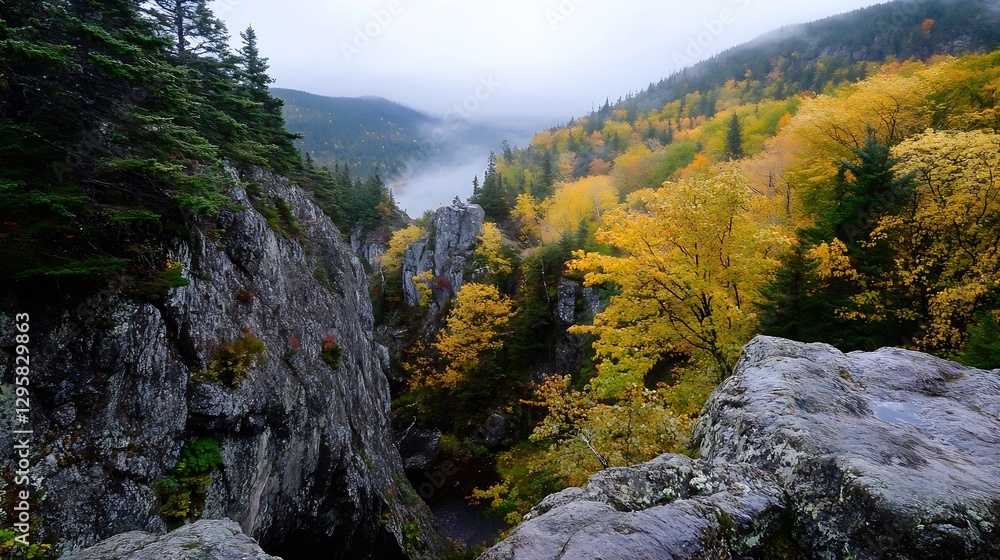 Aufkleber majestic view of a rocky cliff surrounded by colorful autumn leaves and misty forest : generative ai