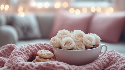 A delicate arrangement of soft white roses fills a bowl, surrounded by freshly baked cookies and a cozy pink blanket, creating a warm and inviting atmosphere