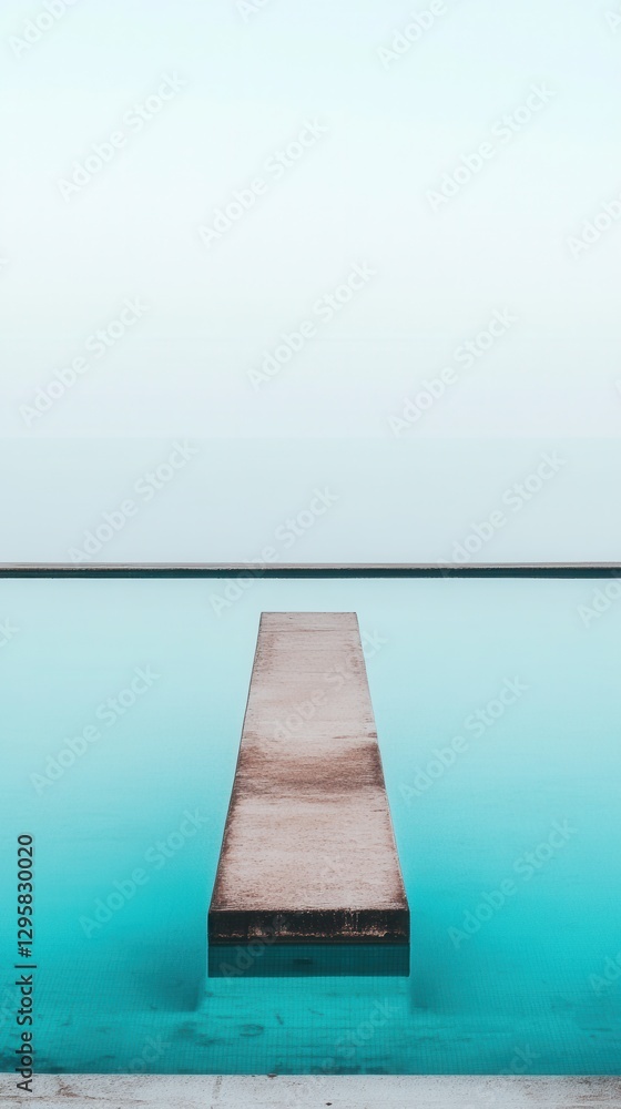 Poster serene minimalist scene of calm water reflection with peaceful color palette featuring a flat pathwa