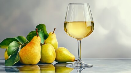 Ripe Pears and a Glass of Light Yellow Wine on Reflective Surface