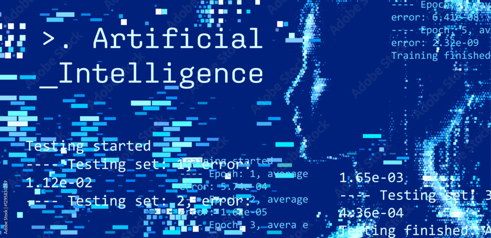 Aufkleber Digital vector illustration depicts artificial intelligence through a pixelated face and code snippets, symbolizing technology, data, and machine learning in a blue color scheme.