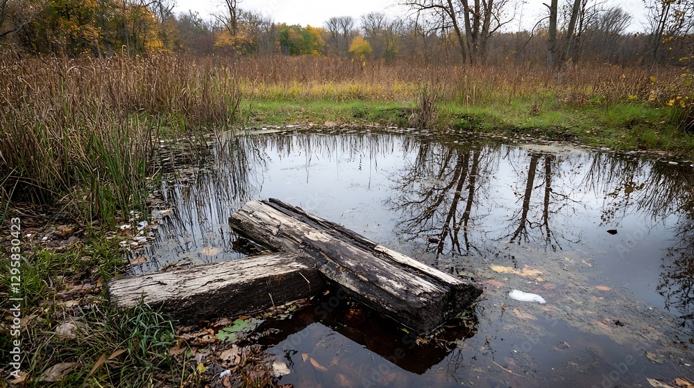 Poster Serene landscape with a log in a pond surrounded by autumn vegetation and reflections : Generative AI