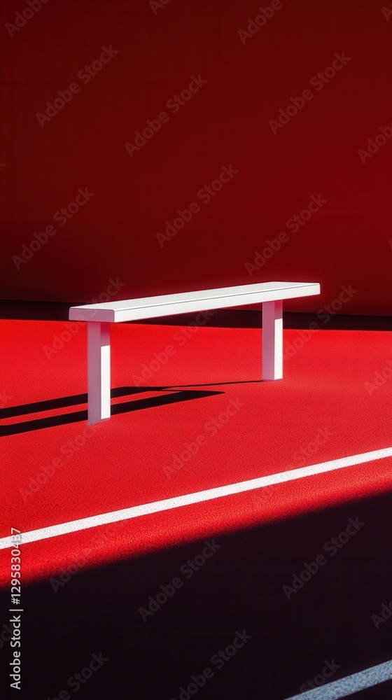 Poster minimalist white bench on vibrant red surface with contrast shadow play, modern artistic composition