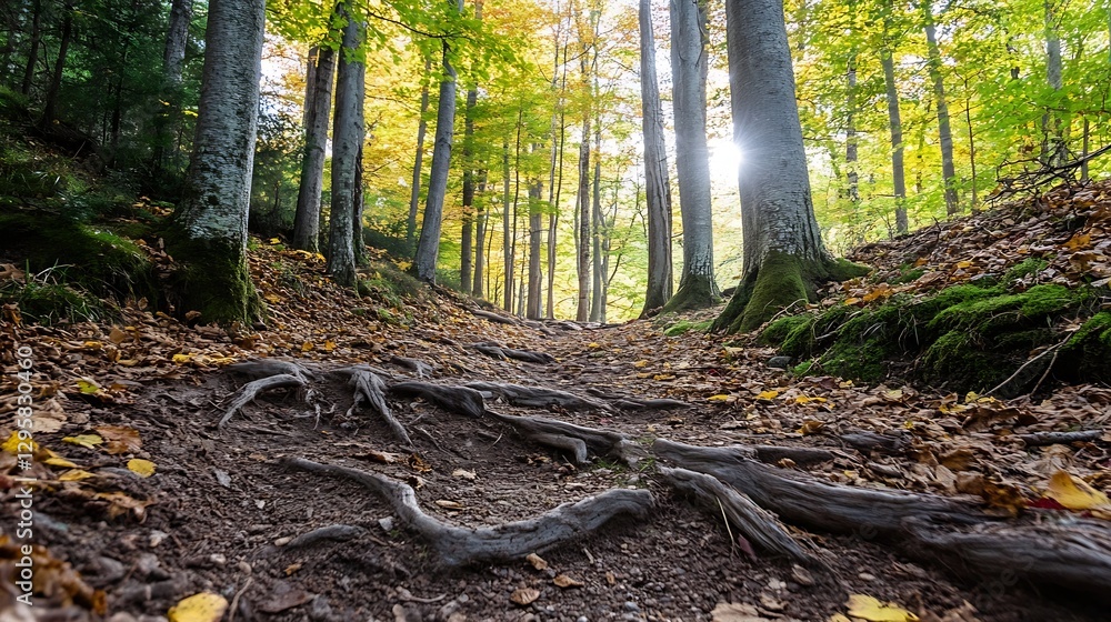 Poster picturesque autumn forest with sunlight filtering through trees and leafy ground : generative ai
