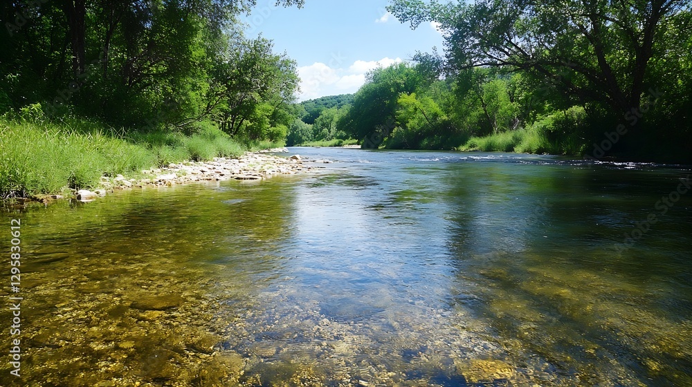Poster clear river stream flowing through lush greenery under bright sunny sky with gentle ripples : genera
